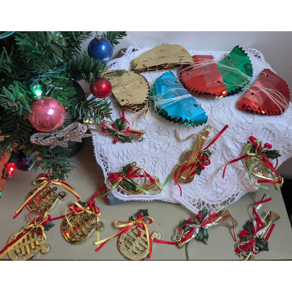 Vintage Christmas Musical Instrument Ornaments Lot Gold Horns Foil Bells